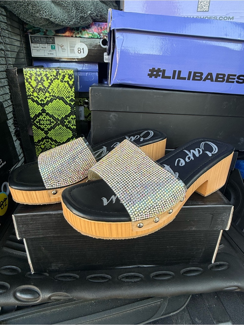 Rhinestone Slide Platform Sandals in Iridescent Sparkle